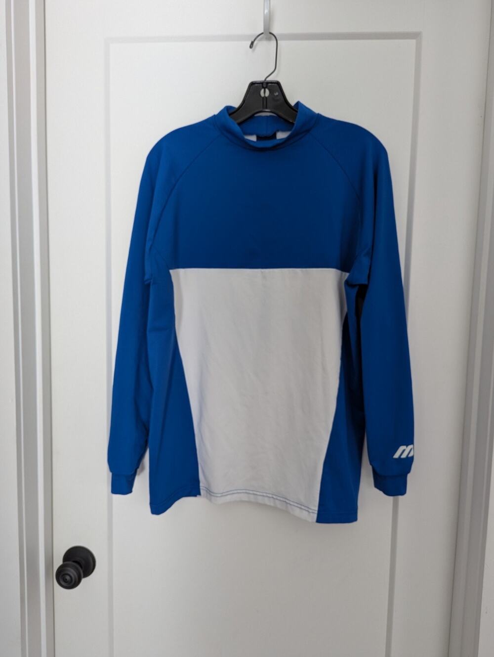 Mizuno T-Shirt Men M White/Blue Raglan Sleeve Mock Neck Pullover Baseball